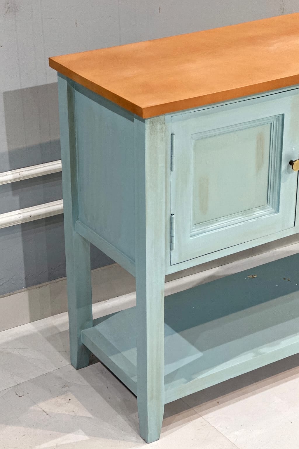 Vintage Teal Wooden Sideboard Cabinet with Natural Wood Top | Storage Console Unit