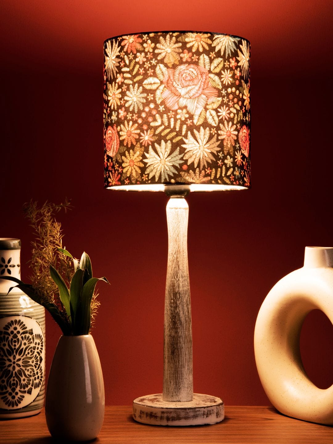 Distress White Wooden Lamp with Black Floral Stitch Shade