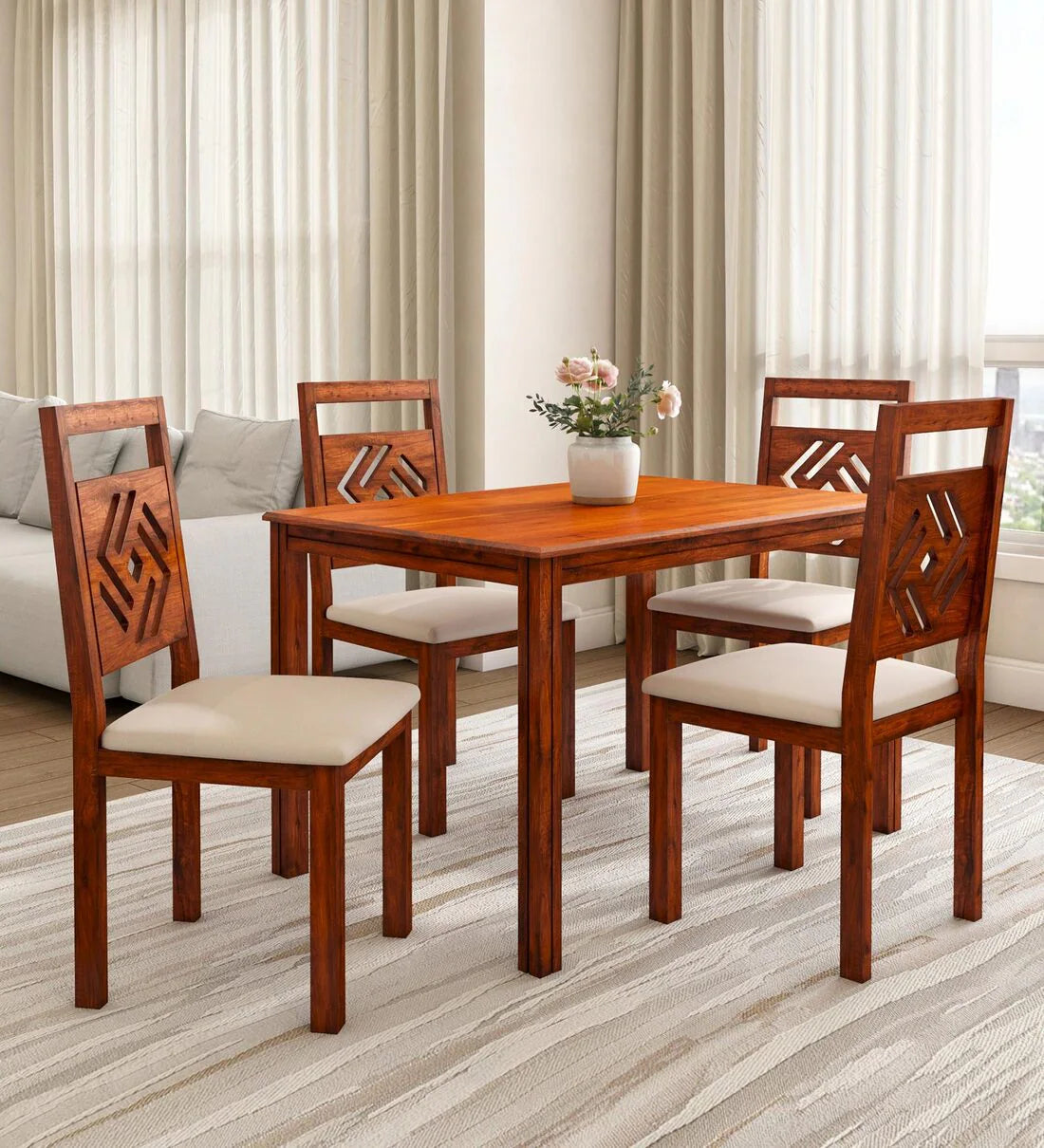 Solid Wood 4 Seater Dining Set In Honey Brown Finish