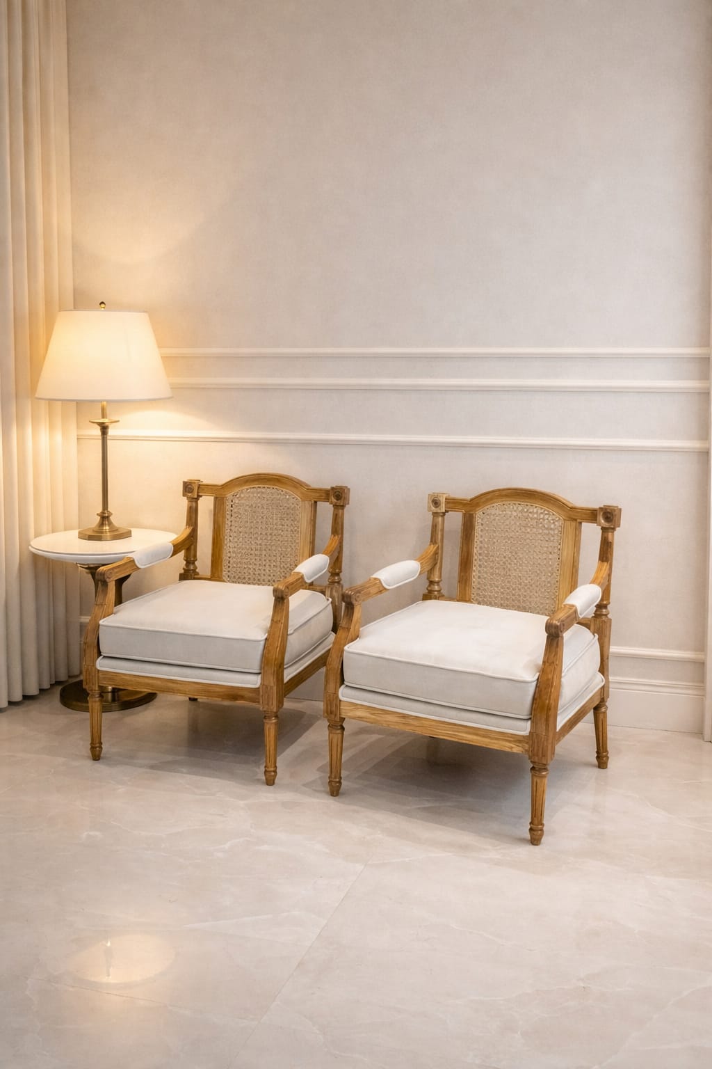 French Style Solid Mahogany Armchair Set of 2 with Rattan Back & Ivory Upholstery | Antique White Washed Accent Chairs