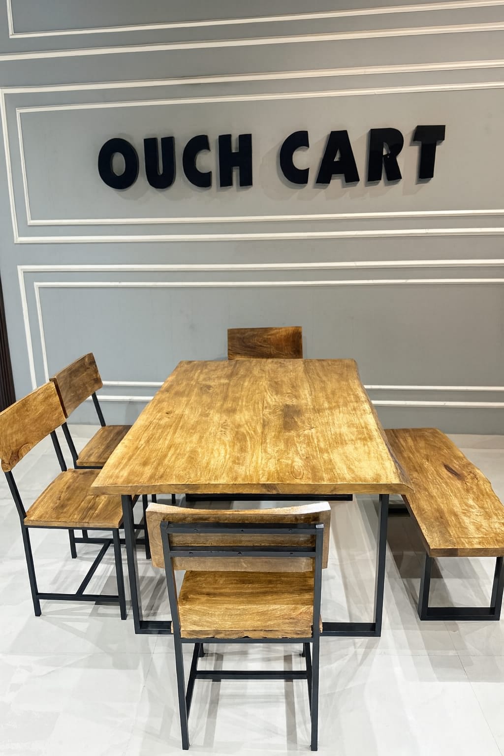 Solid Wood Industrial Dining Table Set with Bench & Chairs | Rustic Modern Design (6-Seater)