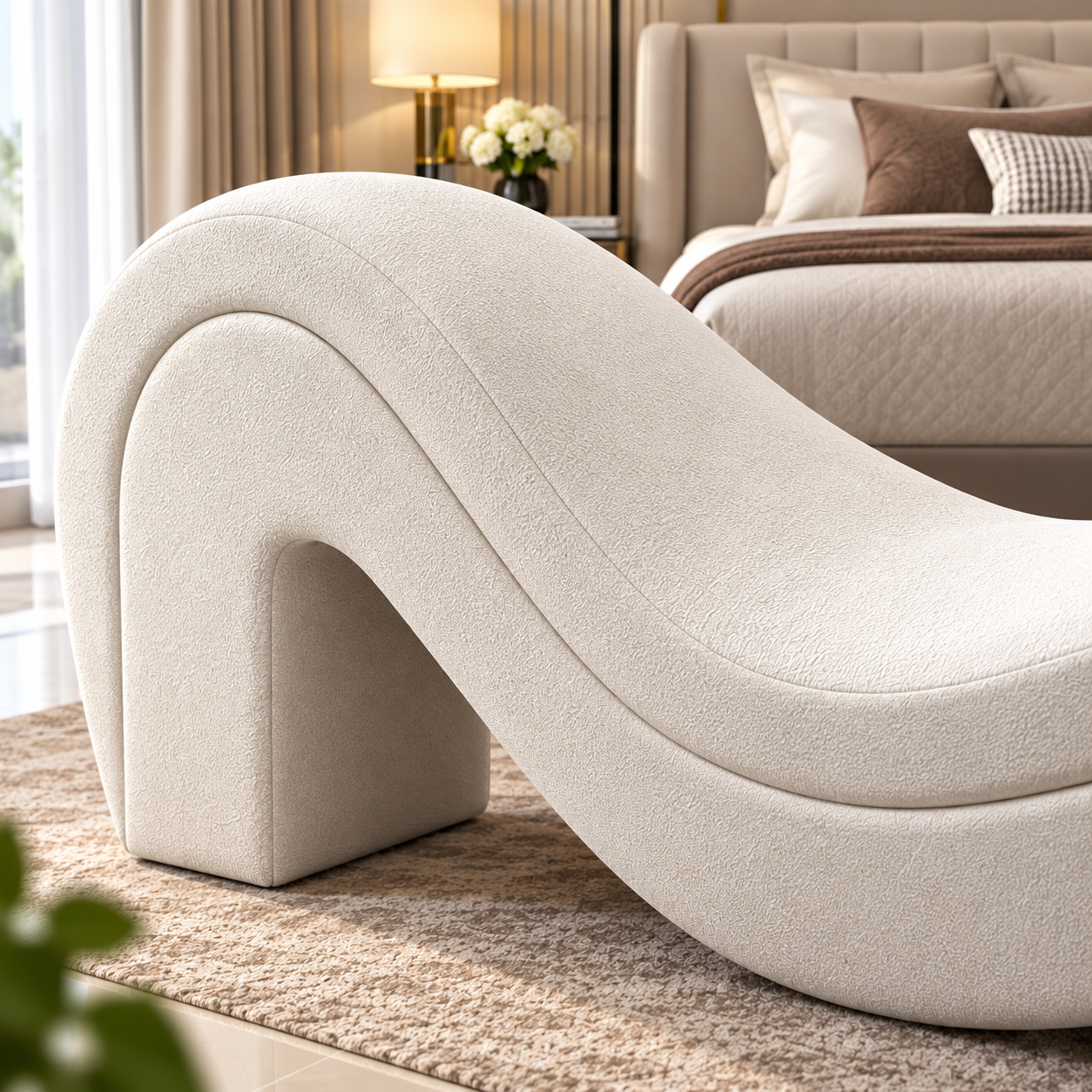 Luxury S-Shaped Chaise Lounge | Modern Cream Bouclé Daybed for Bedroom & Living Room