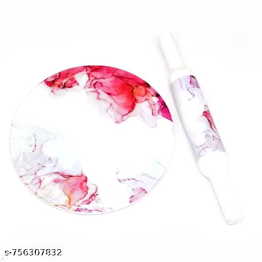 Indian Marble Printed Chakla/Rolling Pin Board/Roti Maker/Chakla/Chapati Maker for Home & Kitchen | Finished Marble Roti Maker (10 Inch) (White pink chakla belan)