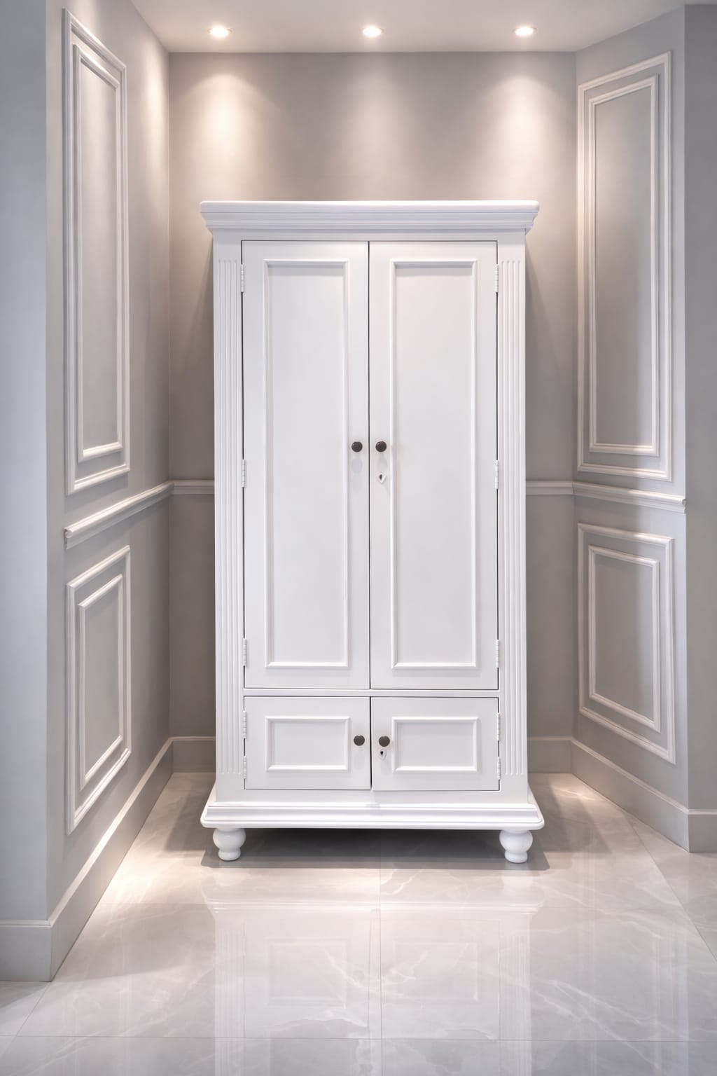 Premium White Wooden Almirah Wardrobe with Double Door & Storage Cabinets