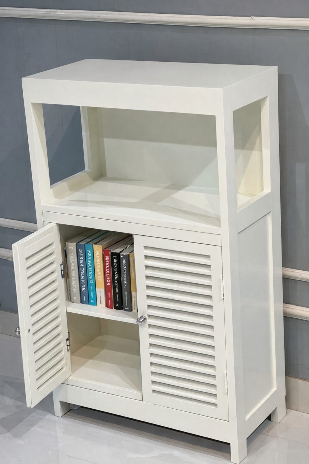 Modern White Wooden Storage Cabinet with Louvered Doors | Compact Console & Utility Unit