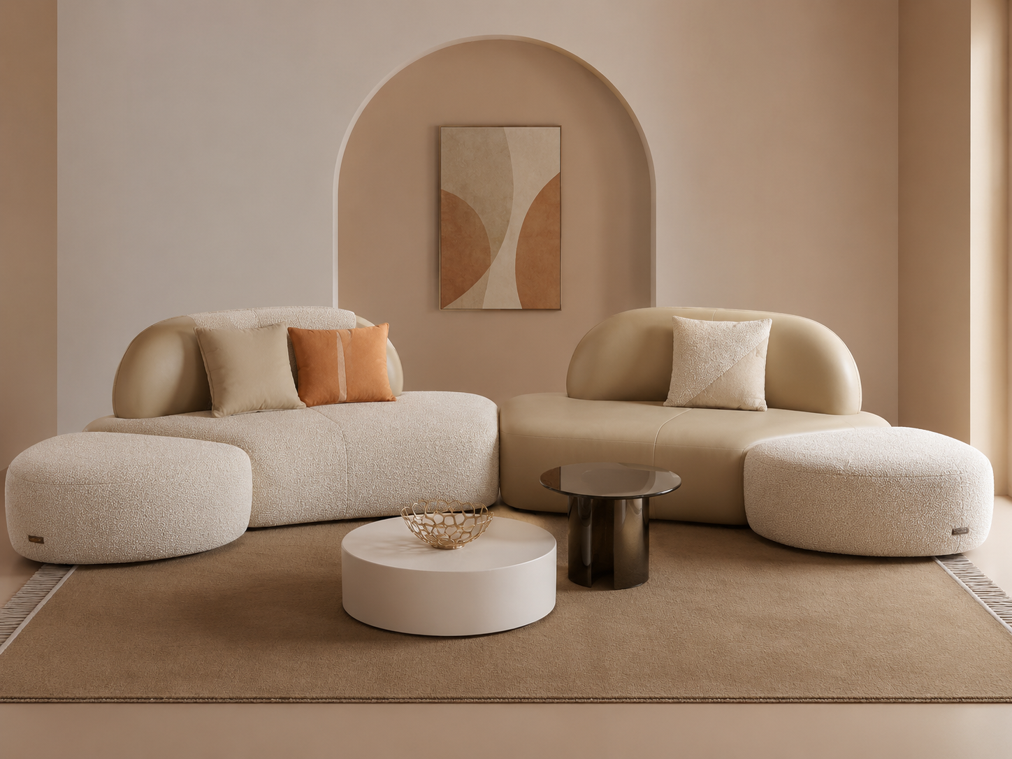 Modern Modular Bouclé Sofa Set | Luxury Curved Designer Lounge Sofa with Ottoman | Contemporary Upholstered Living Room Sofa