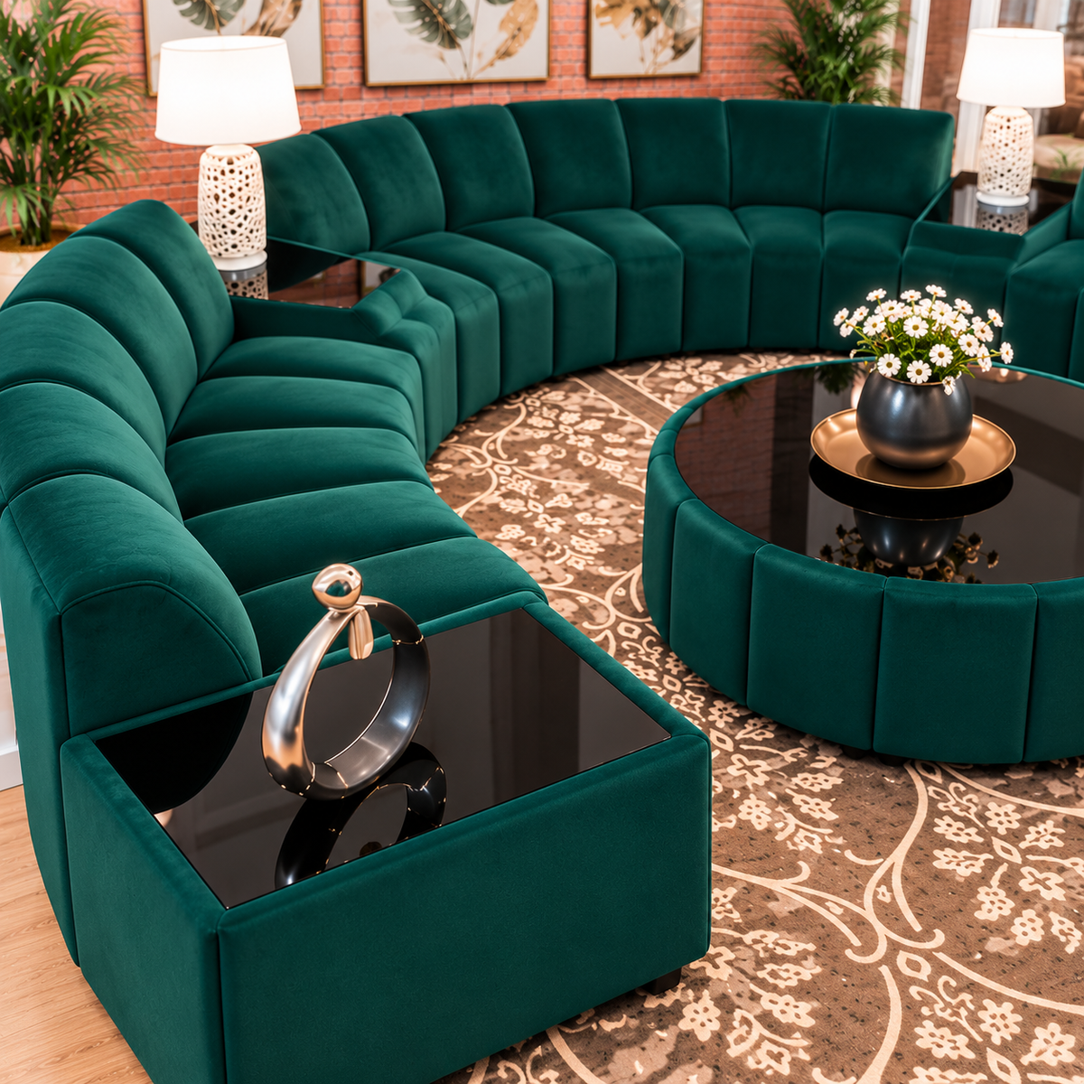 Luxury Emerald Green Velvet Curved Sectional Sofa Set with Round Coffee Table | Modern U-Shaped Modular Sofa for Living Room