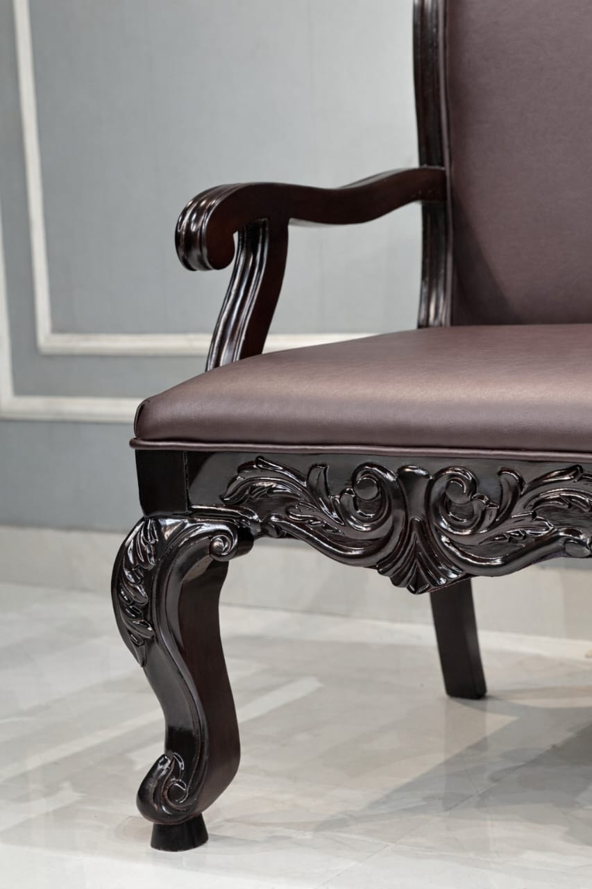 Luxury Solid Wood Leather Accent Chairs (Set of 2) – Hand-Carved Teak Armchairs for Living Room by Ouch Cart