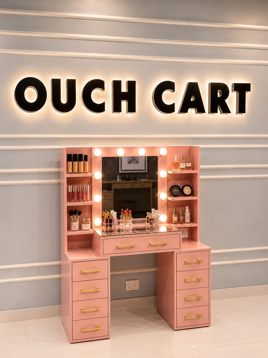 Ouch Cart Modern Pink Dressing Table with Storage Drawers | Premium Makeup Vanity Table for Bedroom | Stylish Wooden Vanity Desk with Shelves & Organizer