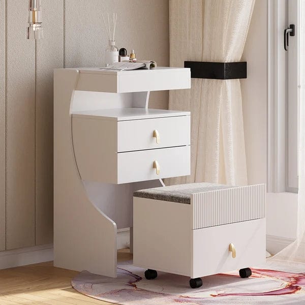 Constanza White Makeup Vanity Set Mini Dressing Table with Stool & Miroor, Wooden Vanity Table Set, Makeup Dressing Table with Mirror, 3 Drawers and Stool for Bedroom, White