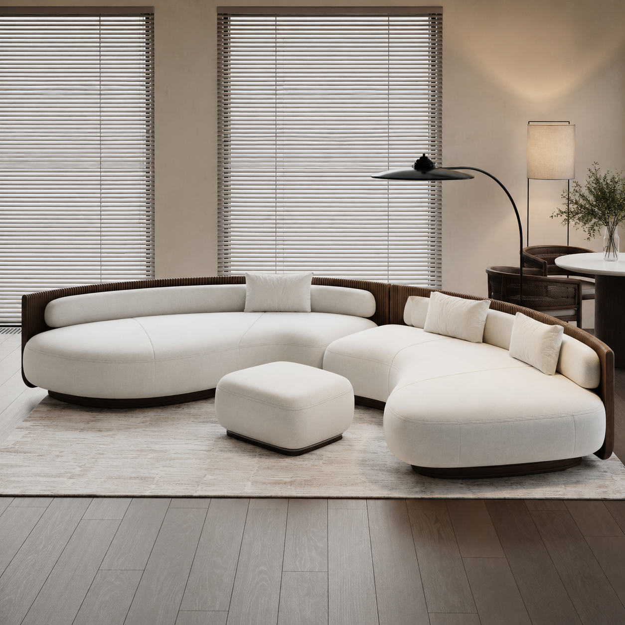 Modern Curved Sectional Sofa Set with Ottoman | Luxury Cream Upholstered Living Room Sofa