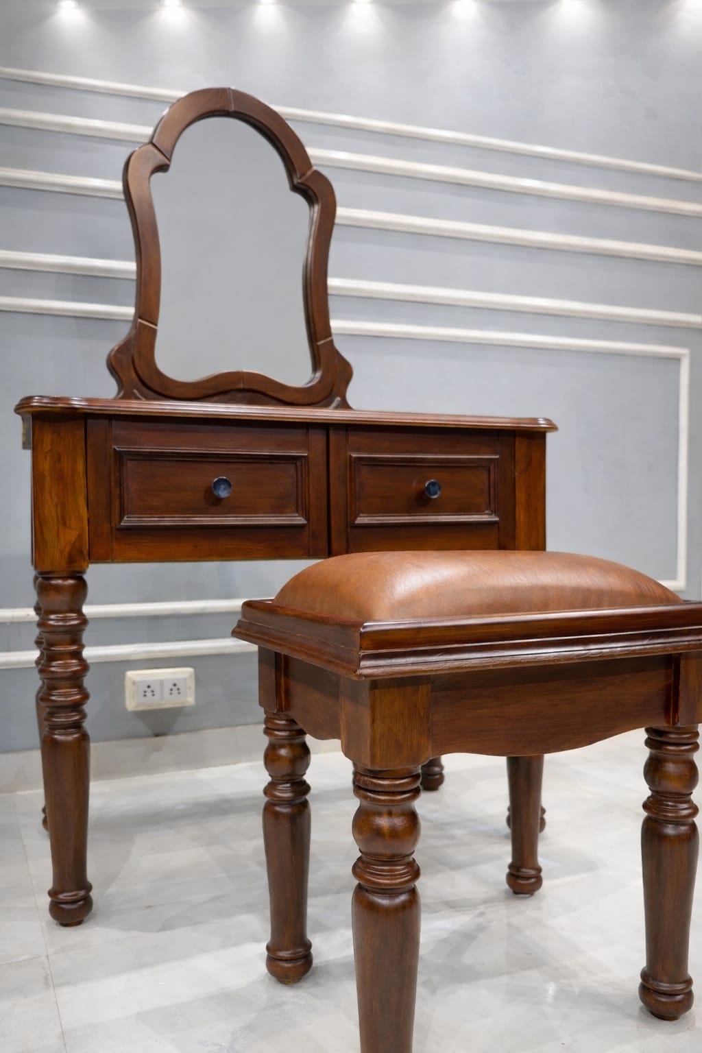 Vintage Mahogany Makeup Vanity Set with Petal Mirror & Stool