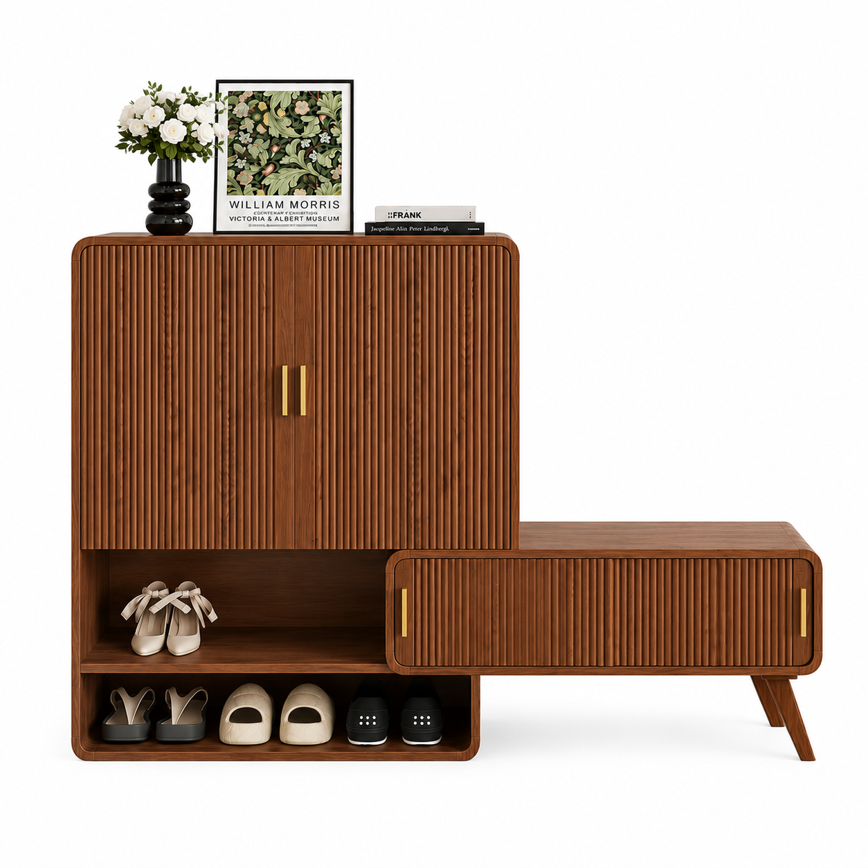Modern Wooden Shoe Storage Cabinet with Bench | Entryway Shoe Organizer with Closed Cabinet & Open Shelf