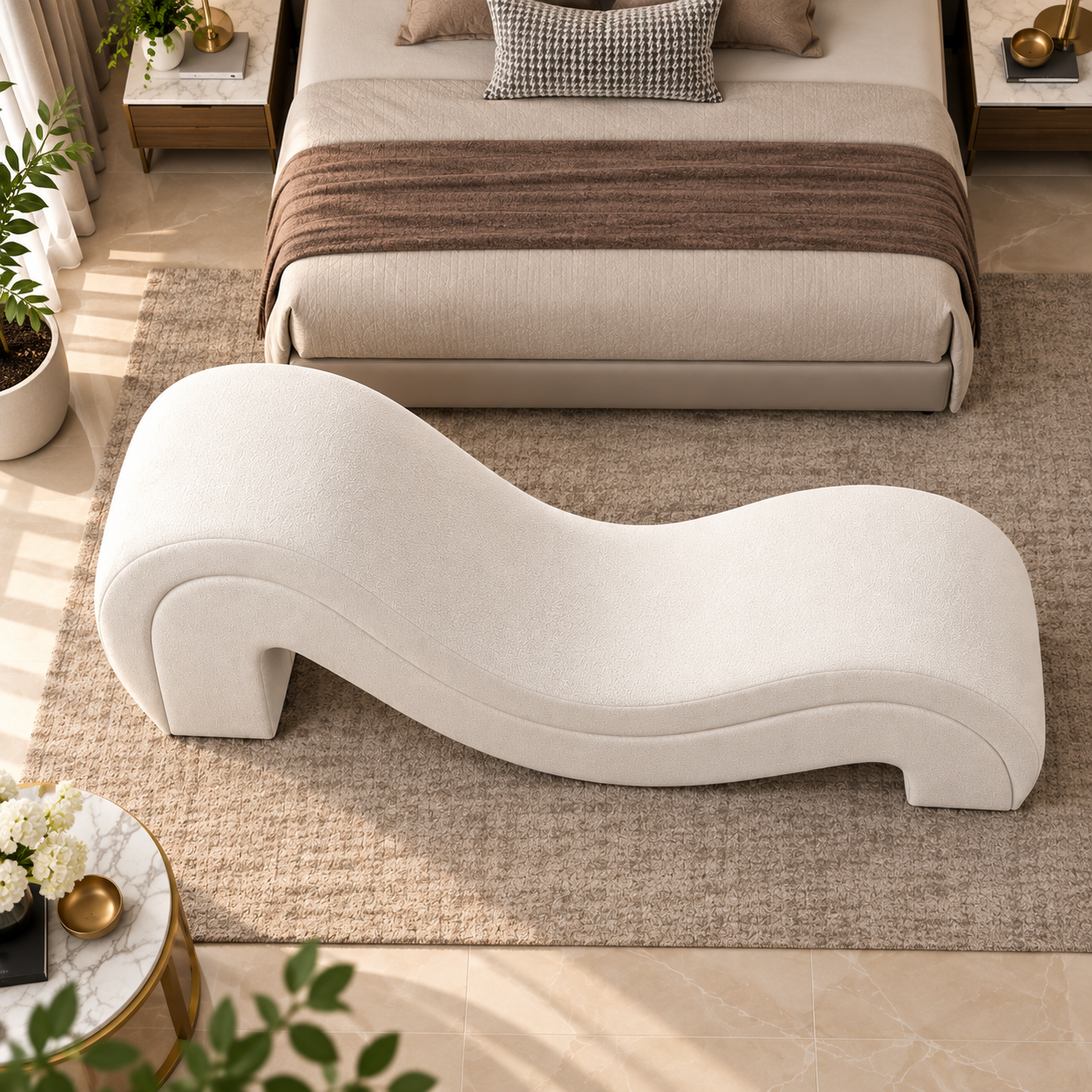 Luxury S-Shaped Chaise Lounge | Modern Cream Bouclé Daybed for Bedroom & Living Room
