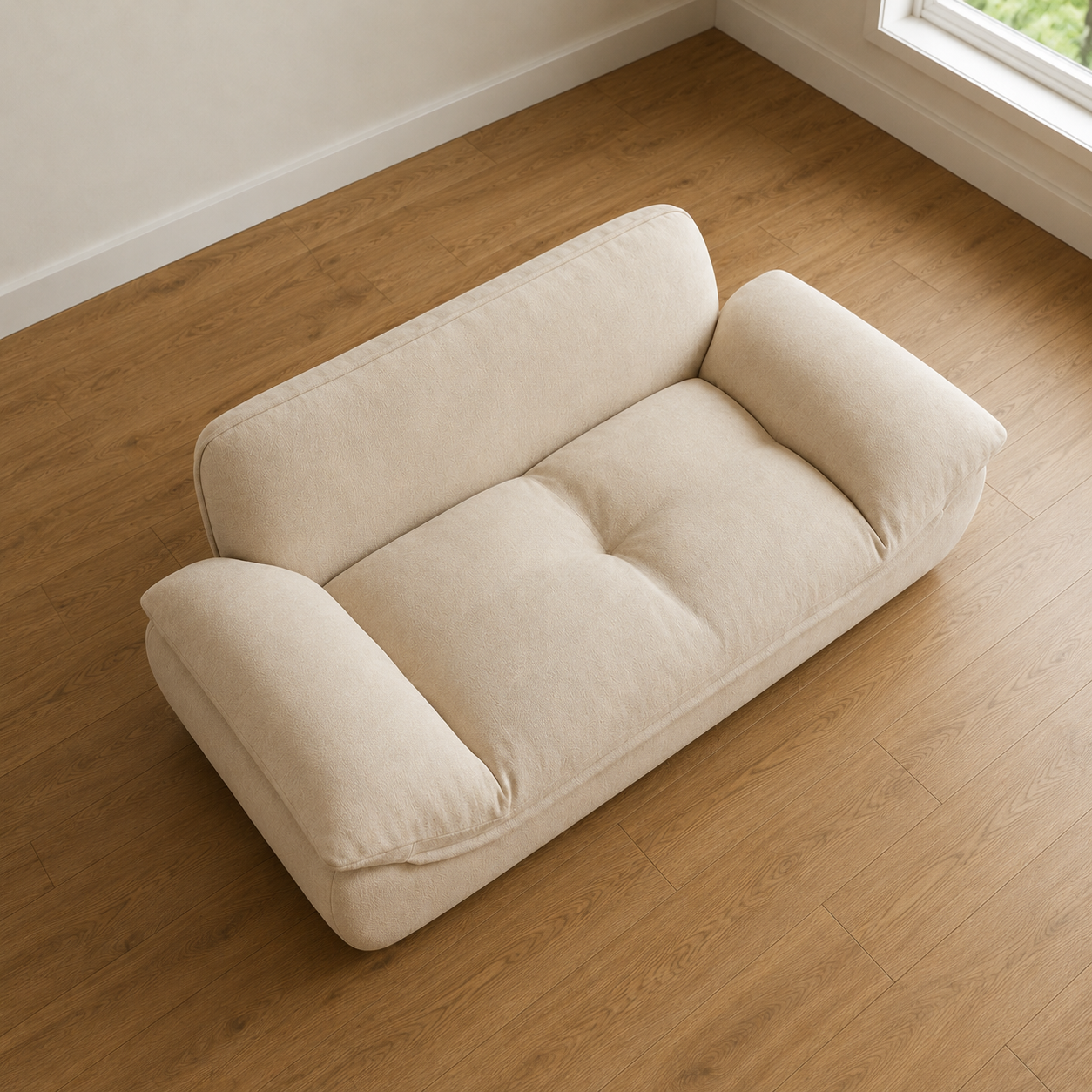 Modern Beige Plush Fabric Sofa | Deep Seat Upholstered 2-Seater Living Room Couch with Oversized Cushioned Armrests