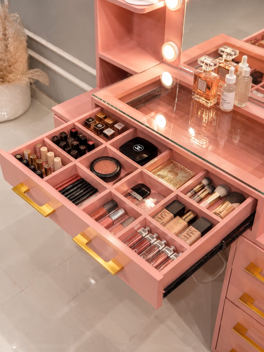 Ouch Cart Modern Pink Dressing Table with Storage Drawers | Premium Makeup Vanity Table for Bedroom | Stylish Wooden Vanity Desk with Shelves & Organizer