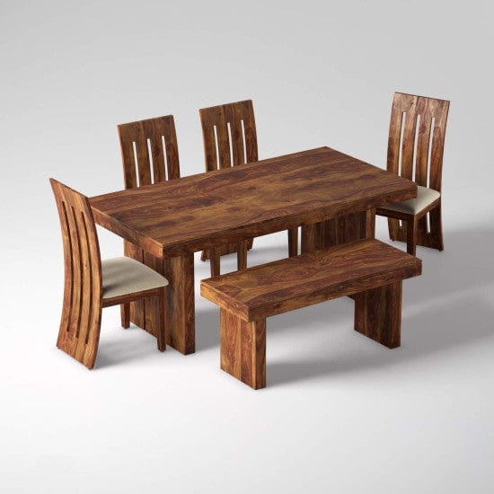 Sheesham Wood Dining Set Six Seater With Bench | Dining Room Furniture In Honey Finish