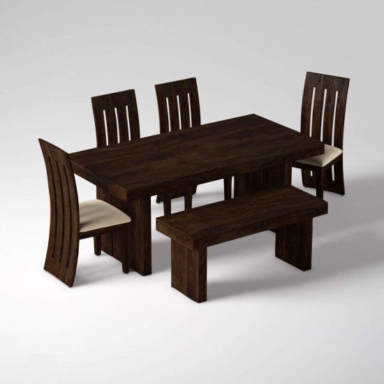 Sheesham Wood Dining Set Six Seater With Bench | Dining Room Furniture In Walnut Finish