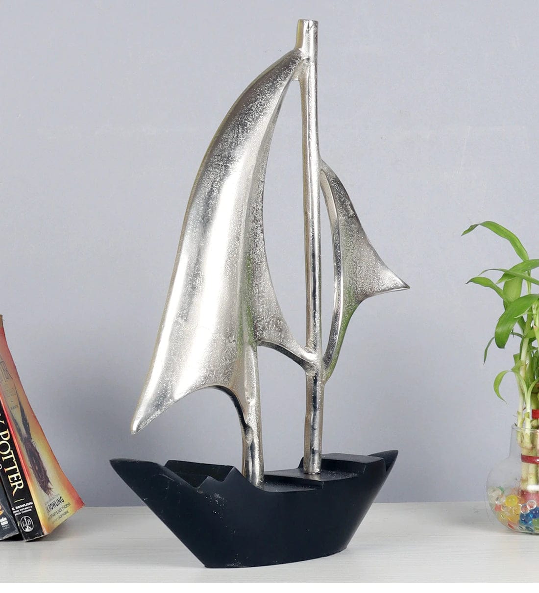 Dream Boat Silver& Black Aluminium Showpiece,