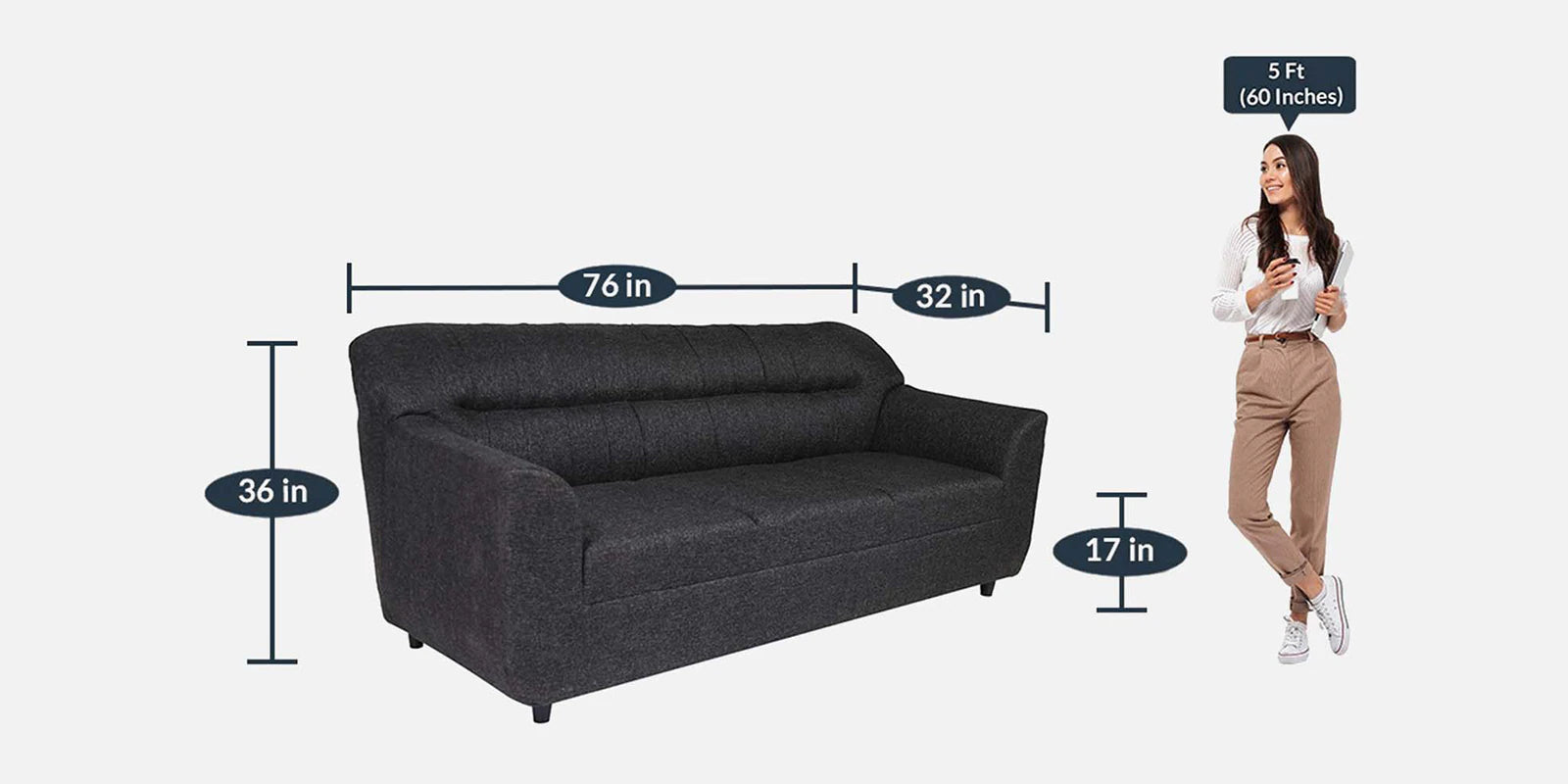Fabric 3 Seater Sofa in Charcoal Grey Colour