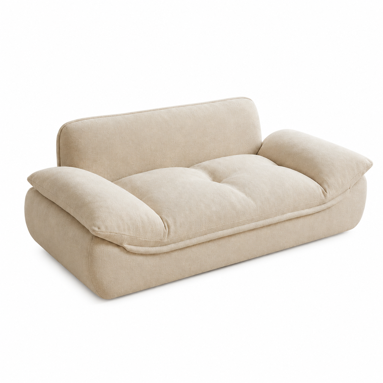 Modern Beige Plush Fabric Sofa | Deep Seat Upholstered 2-Seater Living Room Couch with Oversized Cushioned Armrests