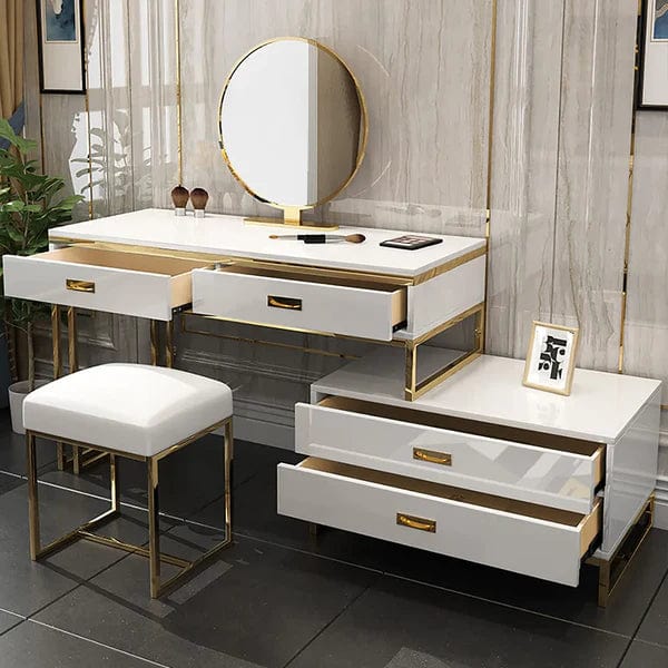 Jose White Makeup Vanity Expandable Dressing Table with Cabinet Mirror & Stool Included Vanity Desk with Mirror and Stool, Makeup Vanity Desk Dressing Table with 4 Drawers, Storage, Side Chest, Girls Vanity Table Set with Cushioned Stool for Bedroom