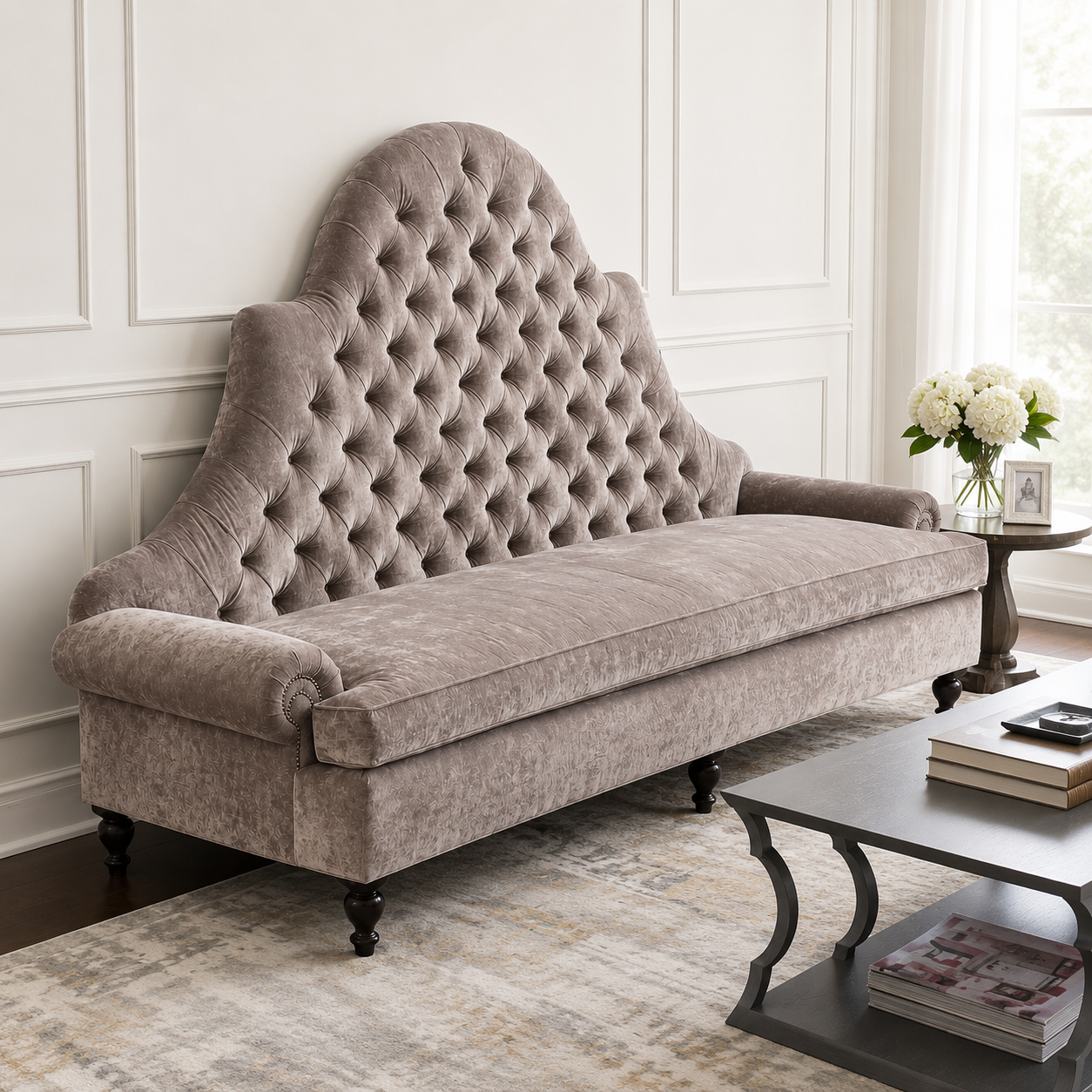 Tufted High Back 2 Seater Sofa with Rolled Arms & Wooden Legs | Elegant Living Room Couch
