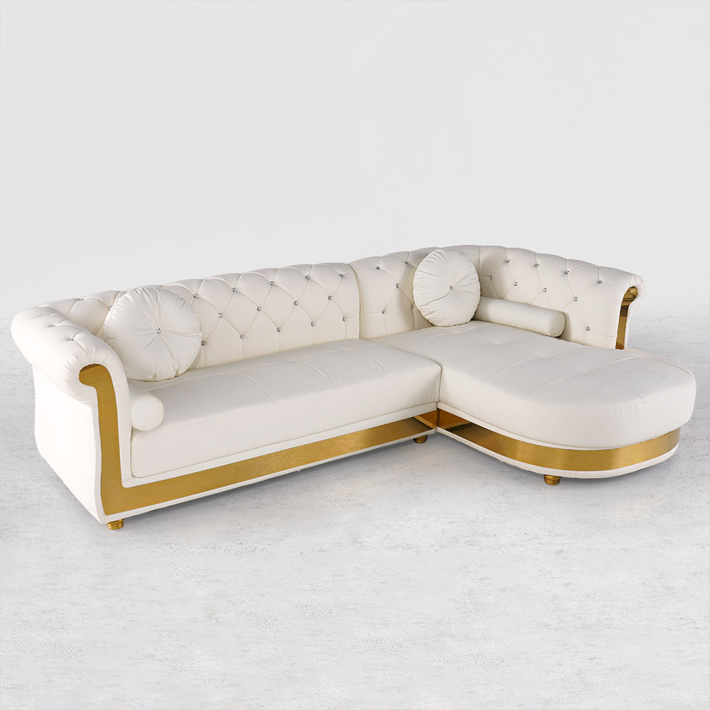 Luxury White L-Shaped Chesterfield Leather Sofa Set with Gold Accents