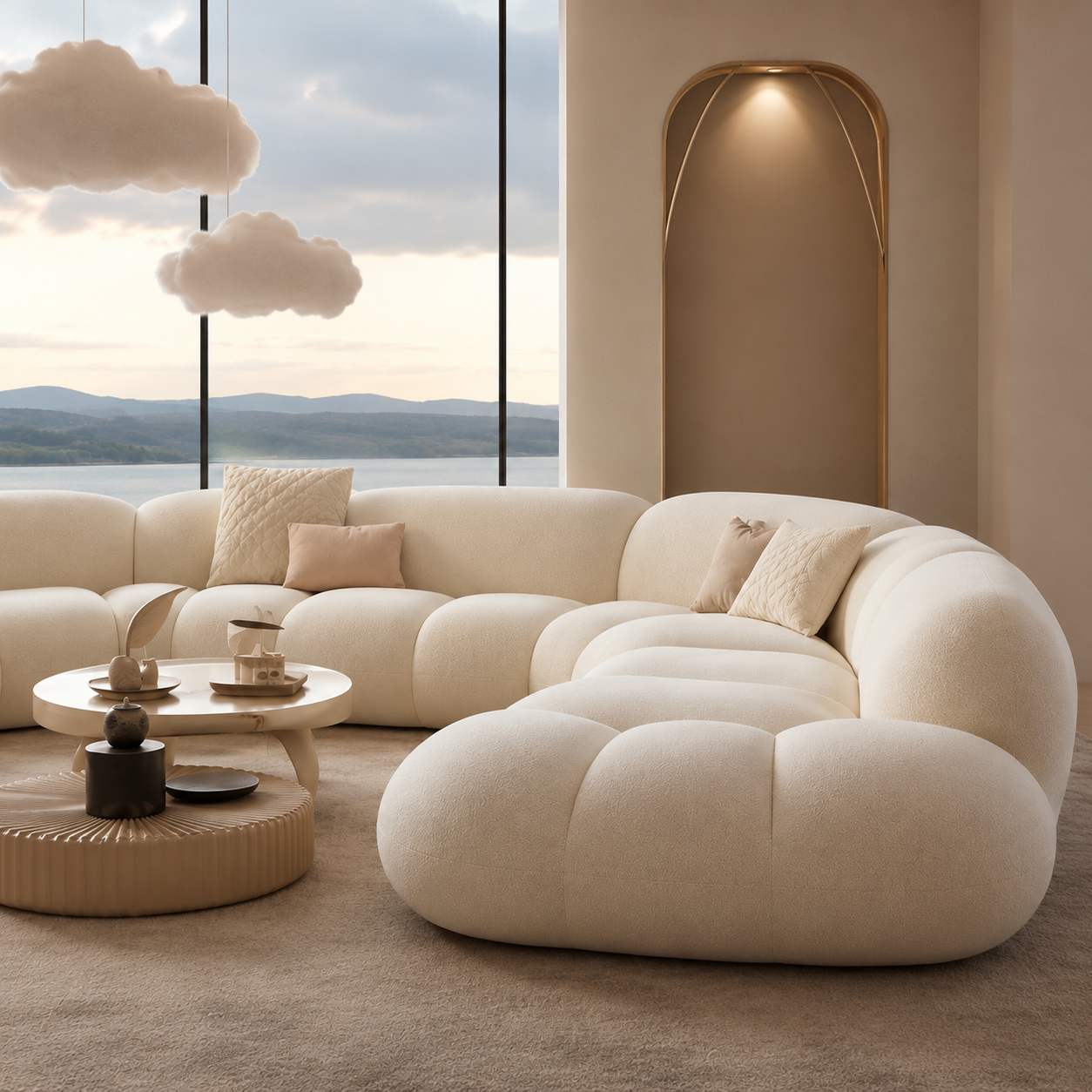 Ouch Cart Modern Curved Bouclé Sectional Sofa – Luxury Cloud Couch for Living Room | Plush Upholstered Contemporary Designer Sofa