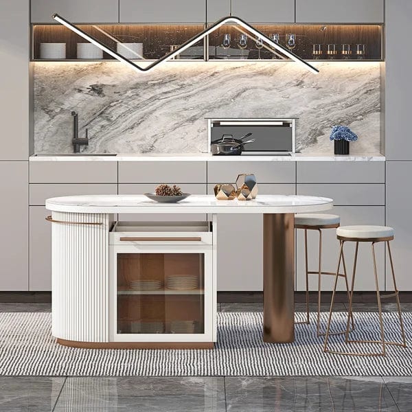 Rowena White Kitchen Island Modern Faux Marble Large Kitchen Cabinet with Storage