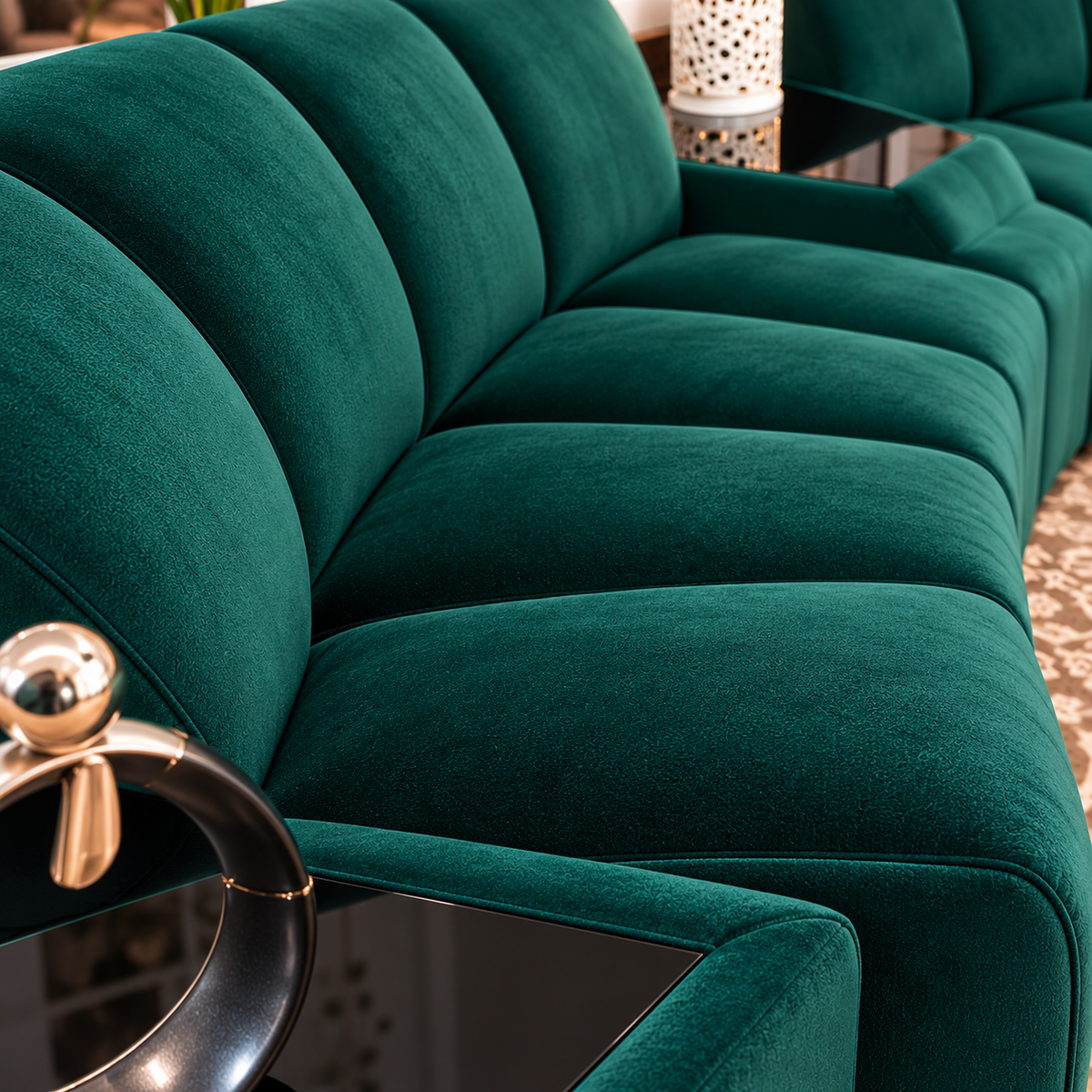 Luxury Emerald Green Velvet Curved Sectional Sofa Set with Round Coffee Table | Modern U-Shaped Modular Sofa for Living Room