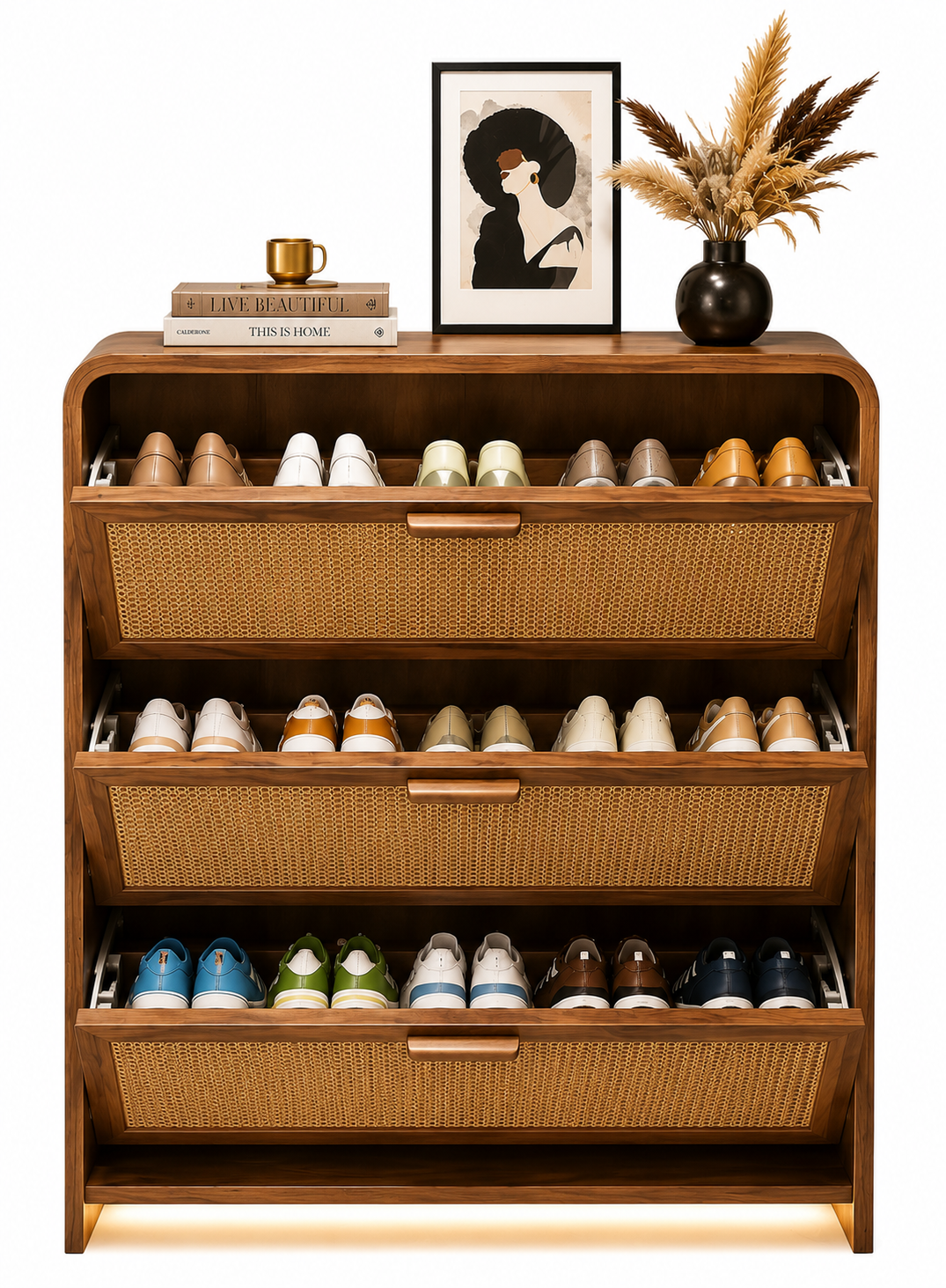 Modern Wooden Shoe Cabinet with Rattan Doors | 3-Tier Flip Drawer Shoe Storage Organizer | Space-Saving Entryway Shoe Rack for Home, Hallway & Living Room