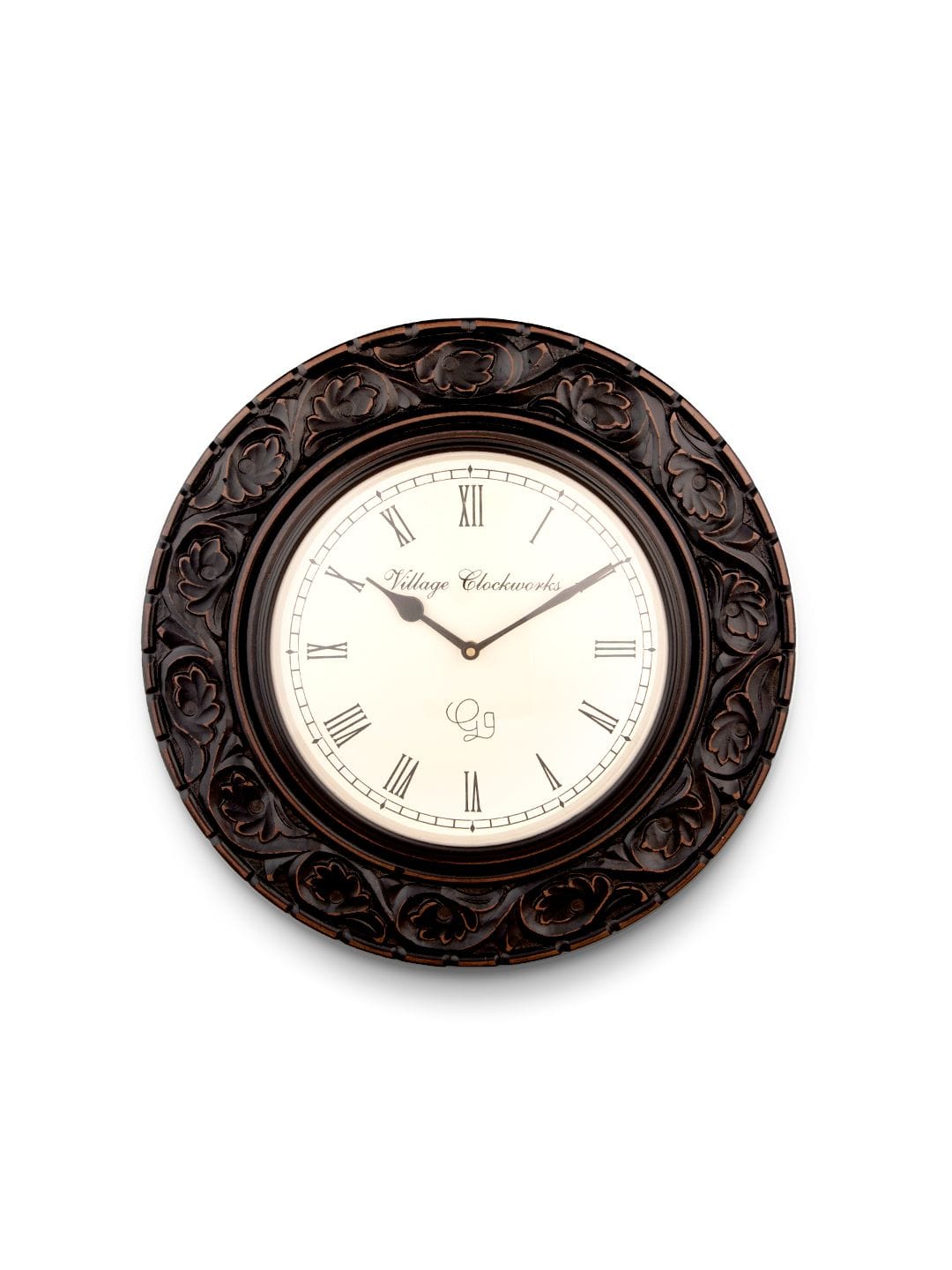 Round Wooden Flower Carved 16 Inches Wall Clock