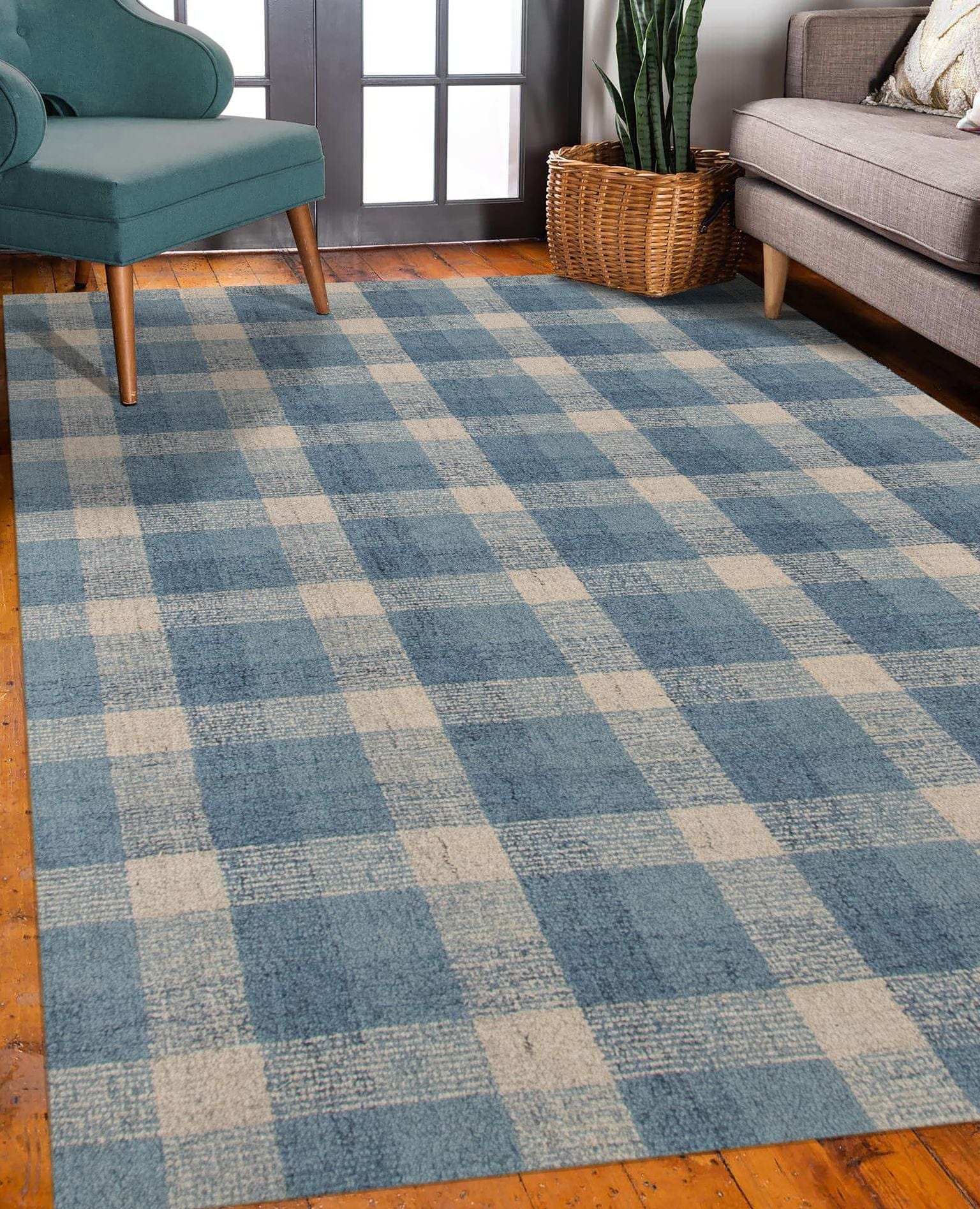 Blue Wool Tartan 8X10 Feet  Hand-Tufted Carpet - Rug