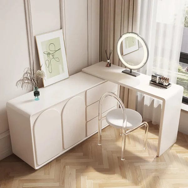 Cristobal White Makeup Vanity Retractable Dressing Table Beauty Station with 3 Drawers, Vanity Dressing Table with 4 Drawers, Lighting Adjustable Brightness, Large Vanity Table Set for Bedroom