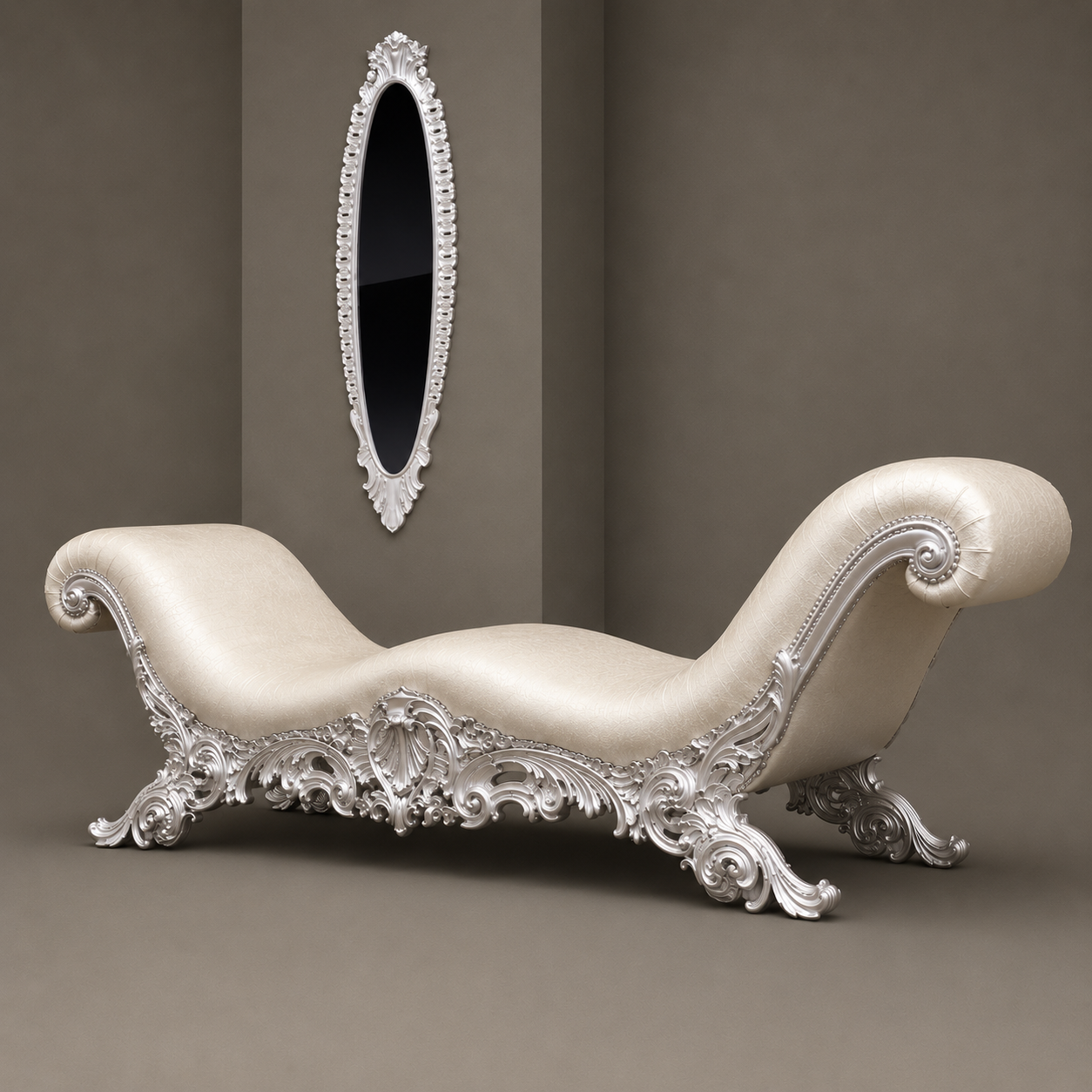 Luxury Ivory Chaise Lounge | Royal Rococo French Style Daybed with Ornate Carved Frame | Elegant Bedroom & Living Room Lounger