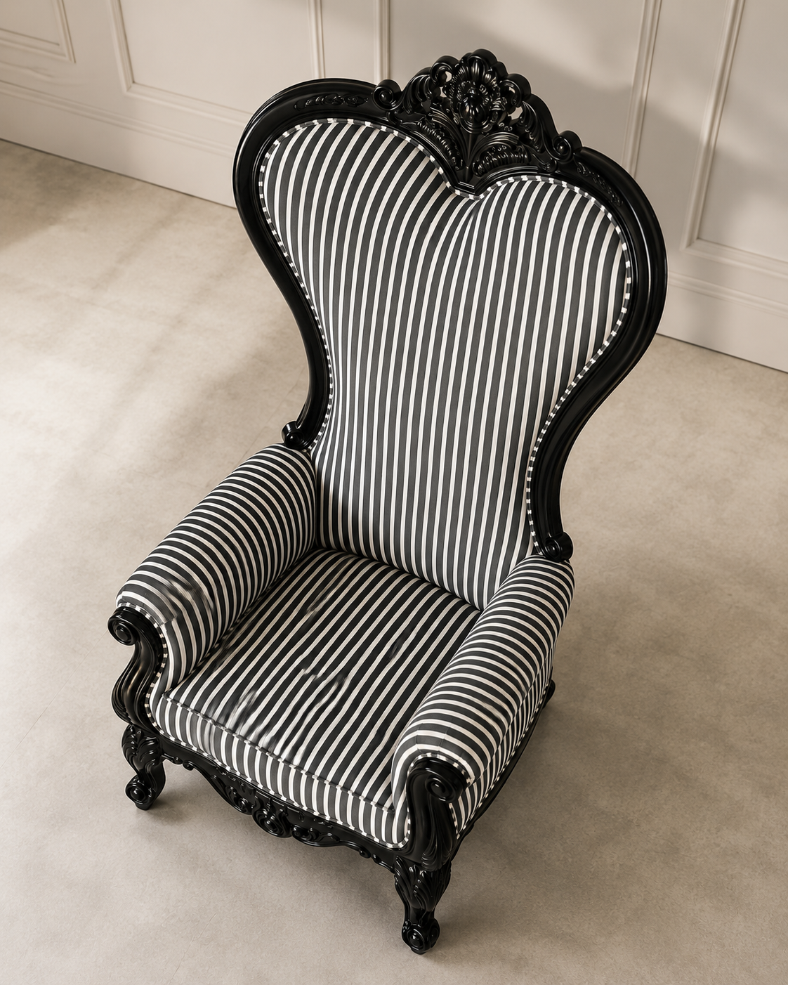 Baroque Carved Wooden Armchair with Black & White Striped Upholstery | High Back Accent Chair