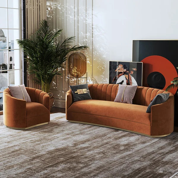 Modern Velvet Couch Curved Sofa in Orange with Stainless Steel Base