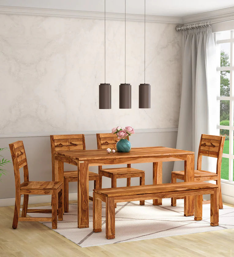 Solid Wood 6 Seater Dining Set in Beige Finish with Bench
