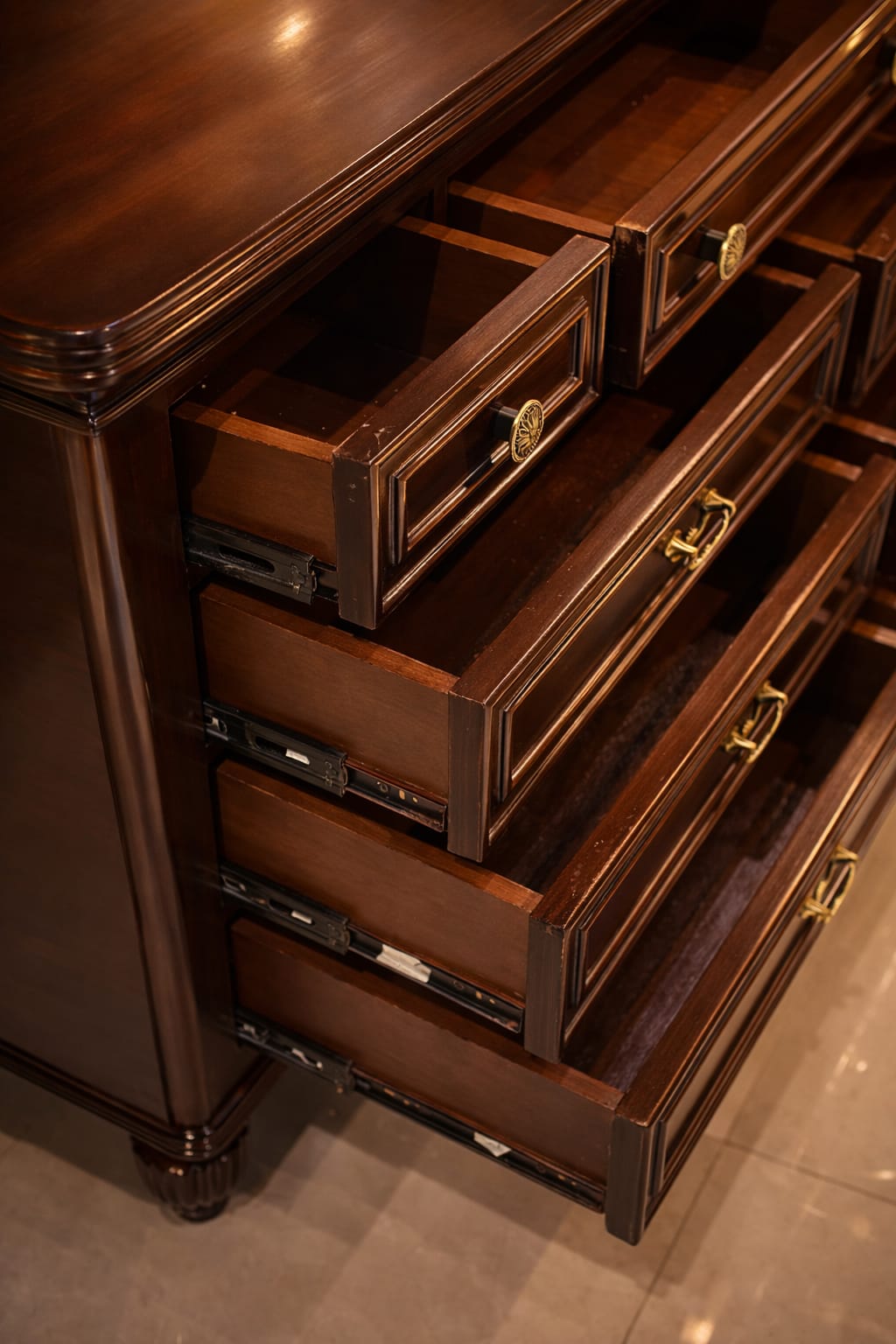 Classic Dark Wood Chest of Drawers with Brass Handles | Elegant Storage Cabinet
