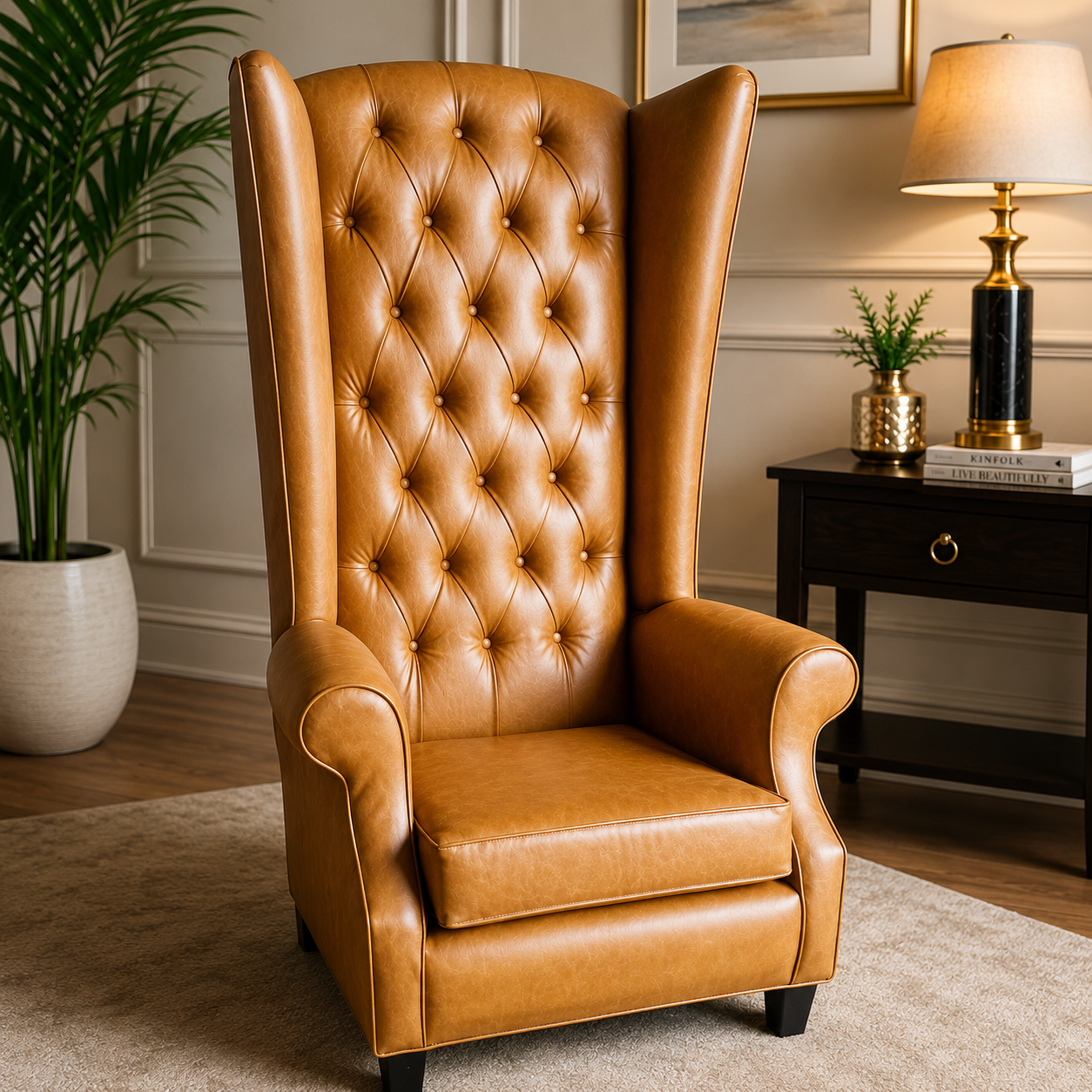 ufted High Back Accent Chair with Rolled Arms | Tan Leather Upholstered Reading Chair