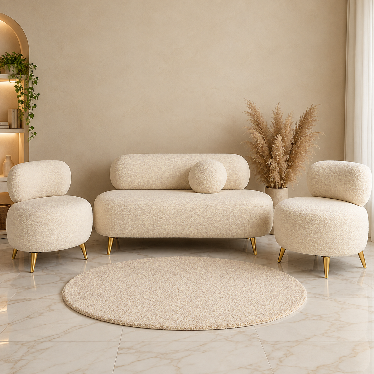 Furnkraft Cream Bouclé Sofa Set with 2 Accent Chairs, Modern 3-Seater Living Room Furniture Set with Gold Metal Legs, Plush Upholstered Sofa Set for Home, Lounge & Apartment