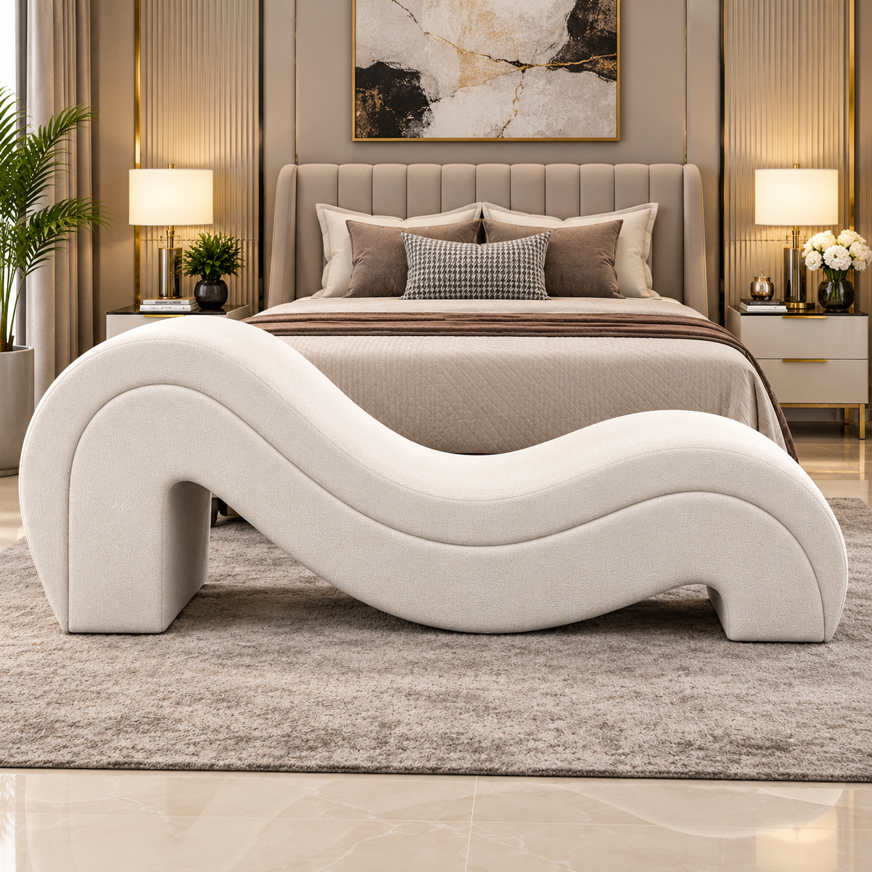 Luxury S-Shaped Chaise Lounge | Modern Cream Bouclé Daybed for Bedroom & Living Room