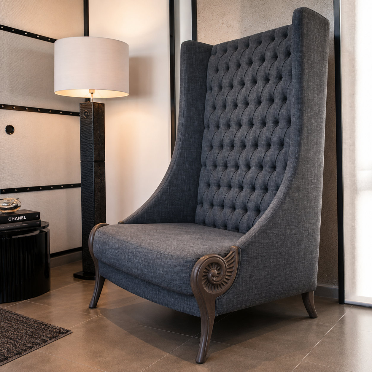 Tufted High Back Accent Chair with Carved Wooden Arms | Upholstered Living Room Lounge Chair