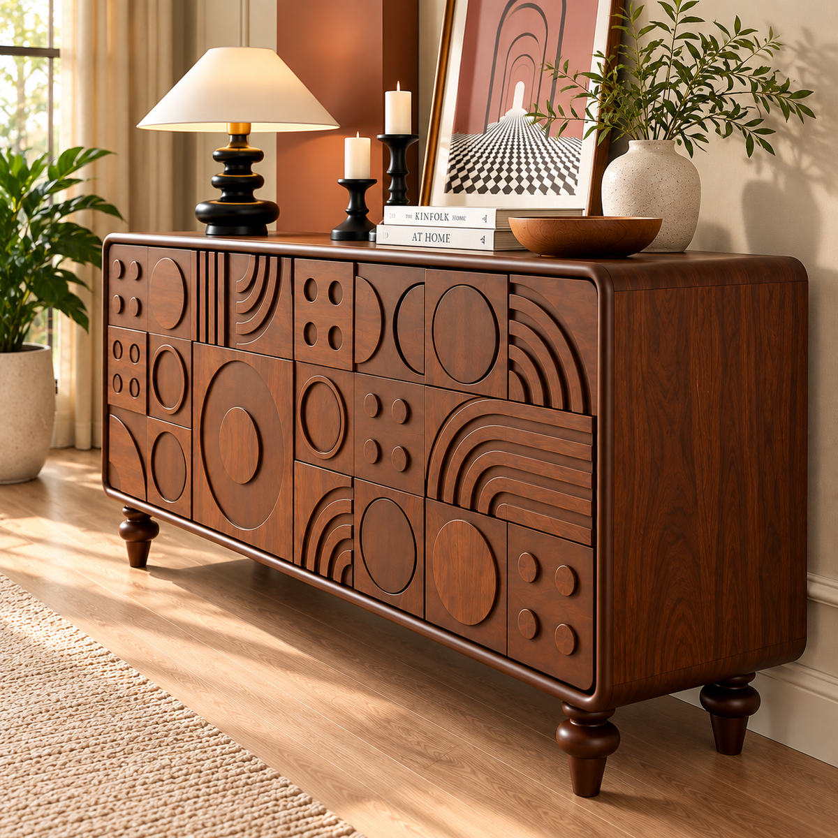 Solid Wood Sideboard Cabinet with Geometric Carved Design