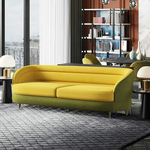 Jocelyn Yellow & Green Velvet Upholstered Sofa for 3 Seaters with Gold Legs