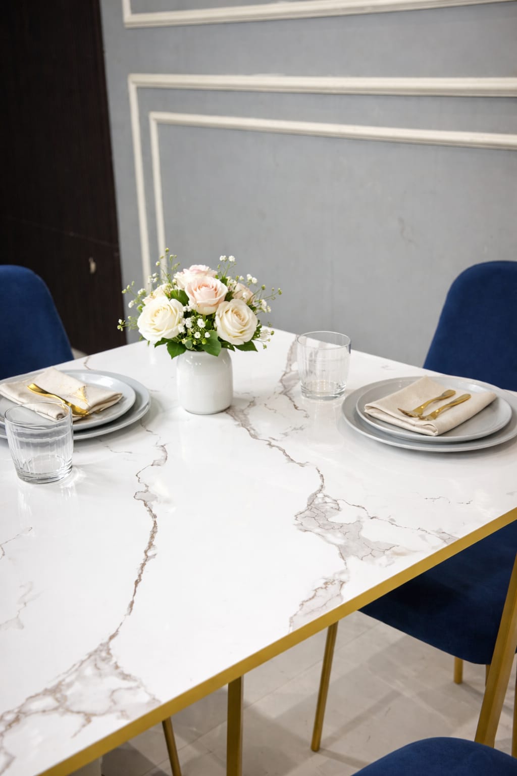 Luxury Marble-Finish Conference Table with Gold Metal Frame | Modern Office & Meeting Room Table Set