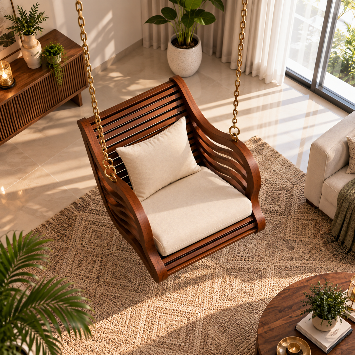 Premium Solid Wood Hanging Swing Chair with Cushion | Luxury Wooden Jhula for Living Room, Balcony & Indoor Spaces