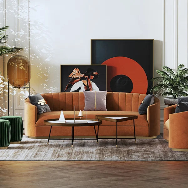 Modern Velvet Couch Curved Sofa in Orange with Stainless Steel Base
