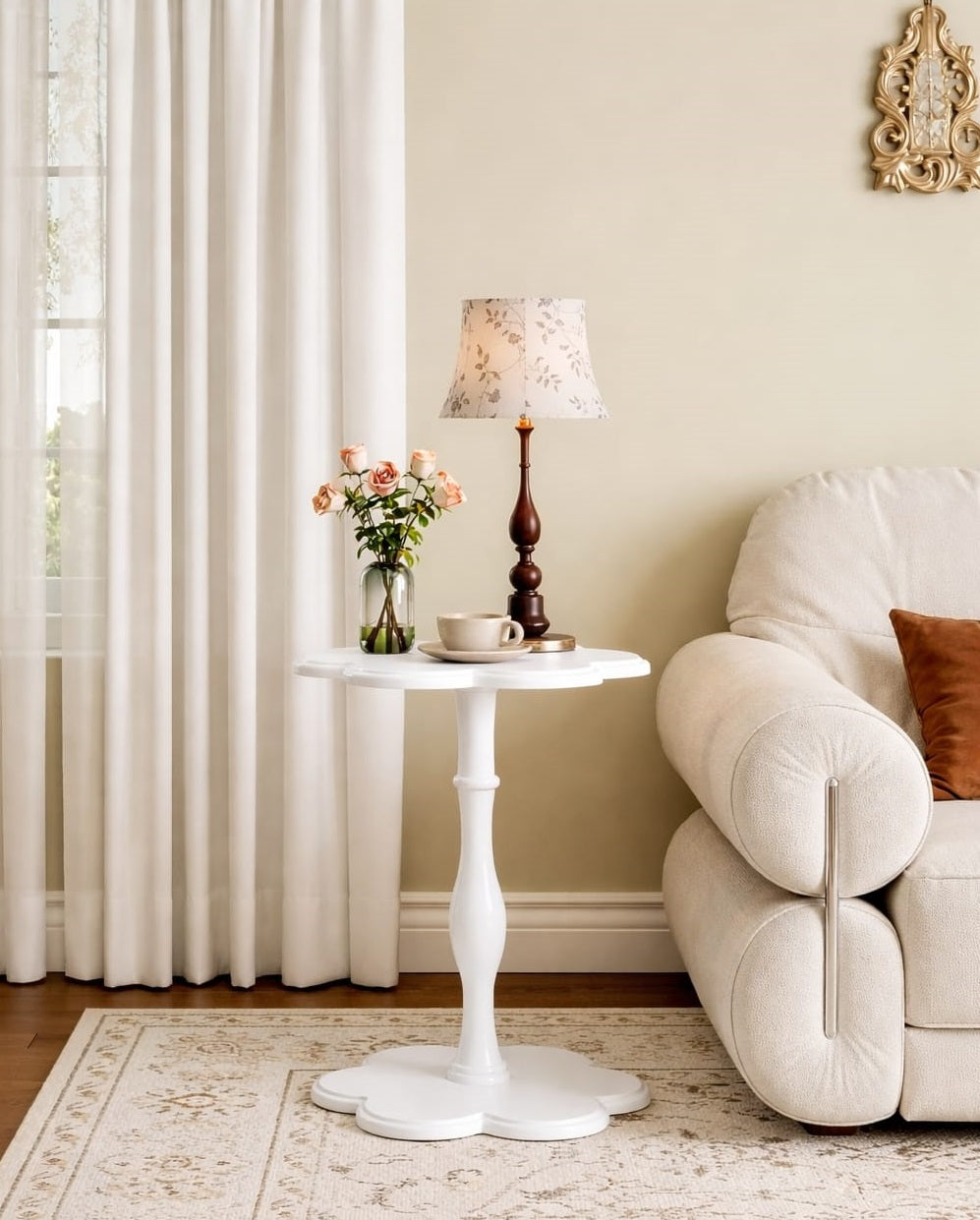 Black Solid Wood Pedestal Side Table, Flower Design Accent End Table for Sofa & Bedroom